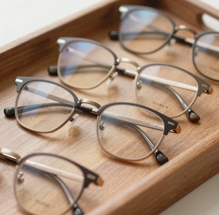 Medium close-up of high-quality, modern glasses frames arranged neatly on a wooden tray, soft natural light reflecting off clean lenses, warm editorial style, 35mm