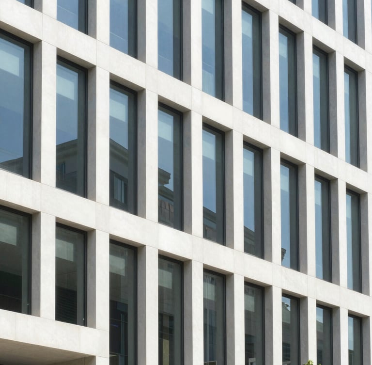 Crisp architectural photography of a modern corporate office building exterior with clean geometric lines, bright natural daylight, 35mm