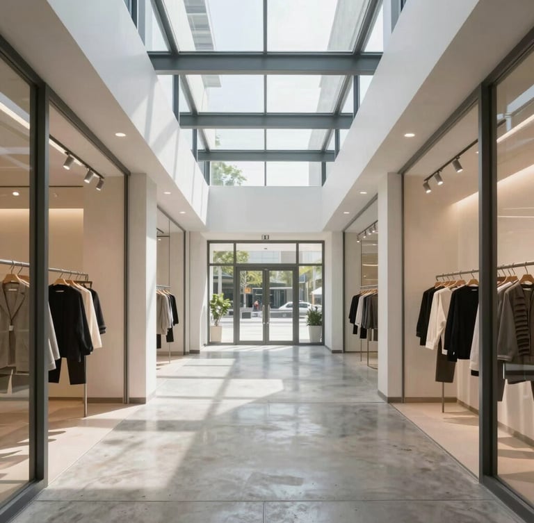 Symmetrical architectural shot of a modern retail store interior, polished concrete floors, clean track lighting, steel framing accents, bright natural daylight, 35mm.