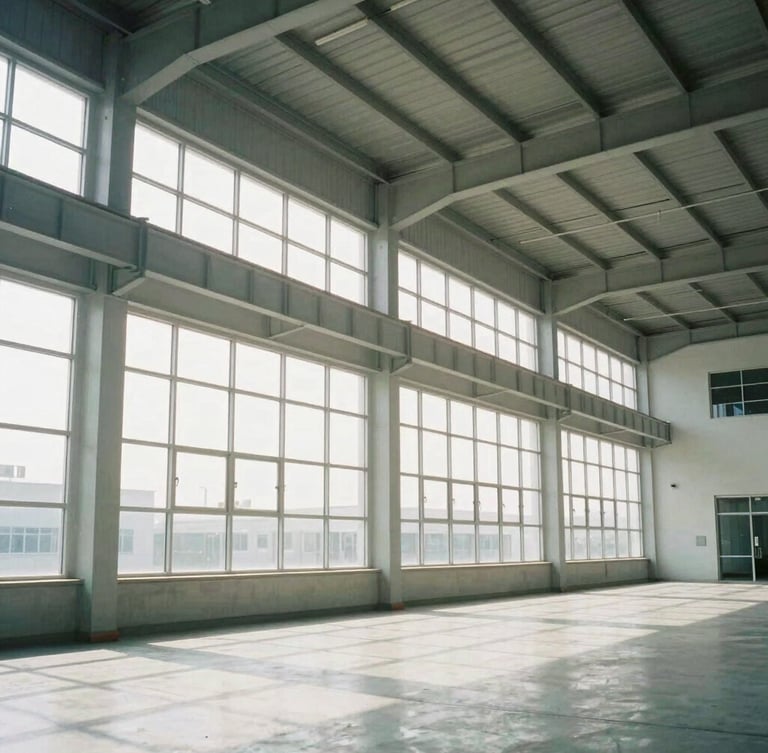 Symmetrical architectural shot of a clean industrial facility interior, bright daylight streaming through high windows, steel structures, 35mm