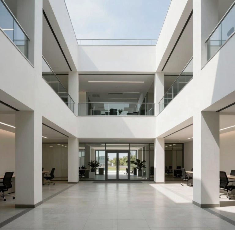 Symmetrical architectural shot of a modern corporate office interior with clean drywall finishes and professional lighting, bright daylight, 35mm