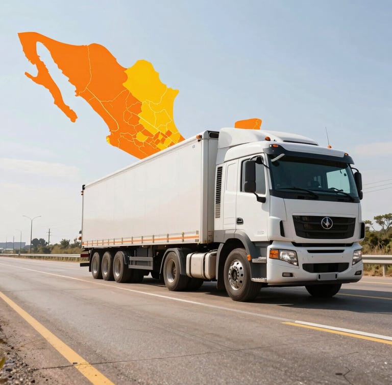 Portrait-oriented high-contrast industrial commercial photograph of a modern heavy-duty transport truck on a clean highway, seen from a low angle, with a stylized map of Mexico overlaid with bright orange and yellow route lines. Bright midday daylight, sharp focus.