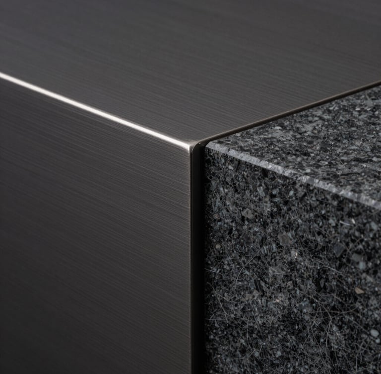 Macro photograph of a dark brushed steel surface meeting a textured charcoal marble slab at a precise, razor-sharp geometric angle, soft museum-grade side lighting, high-contrast shadows.