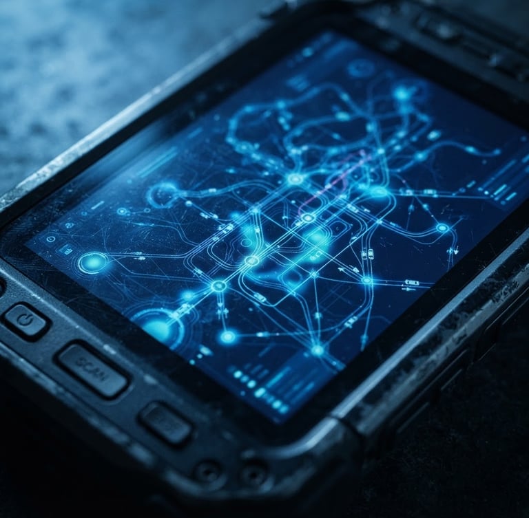 Macro close-up of a rugged Android terminal screen displaying real-time transit telemetry, cool low-key blue studio lighting, deep slate background