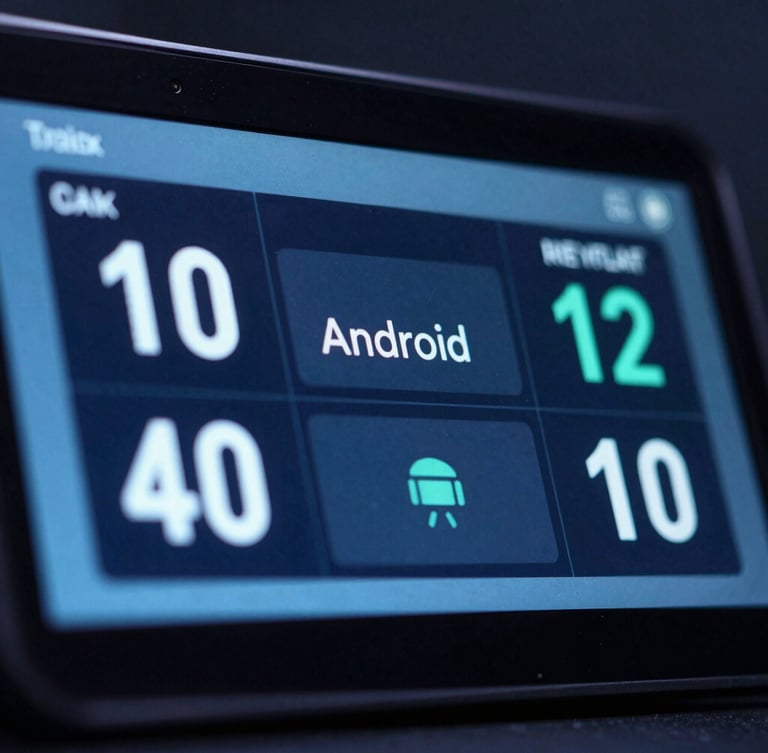 Macro close-up of a rugged Android terminal screen showing real-time transit telemetry, cool low-key studio lighting, deep slate and neon blue tones