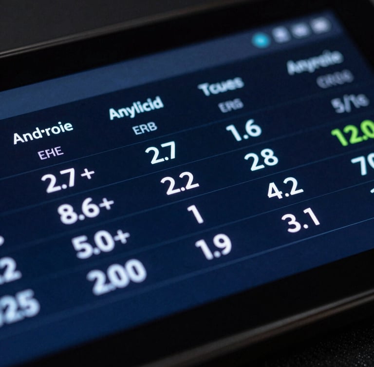 Macro close-up of a rugged Android terminal screen showing real-time transit telemetry data, cool low-key studio lighting, deep slate and neon blue tones
