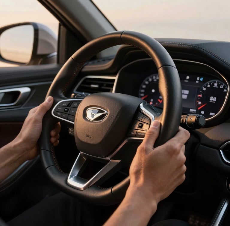 Hands holding a premium leather-wrapped steering wheel, clean modern dashboard, soft golden hour light filtering through the window