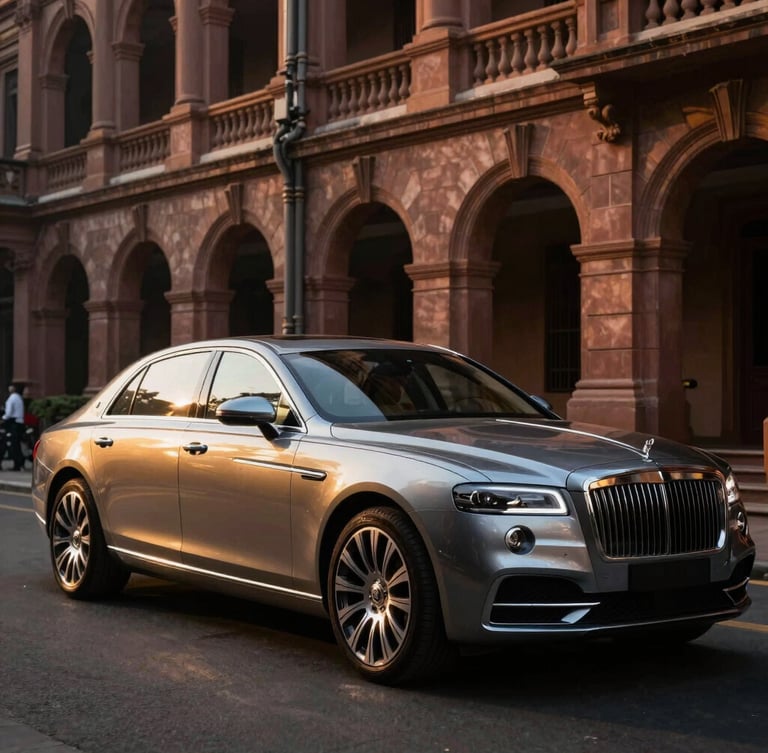Three-quarter view of a pristine luxury sedan parked in front of a historic heritage building in Ballygunge, Kolkata, dramatic golden hour light reflecting off the deep metallic paint.