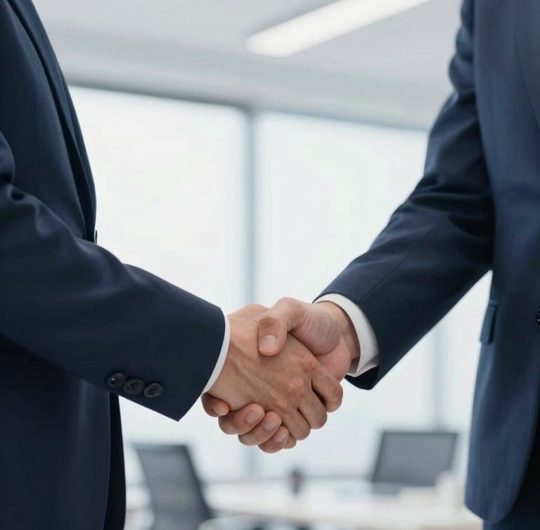 Close-up of two business professionals shaking hands in a bright, modern office, soft natural light, deep blue tones, shallow depth of field, professional 35mm photography