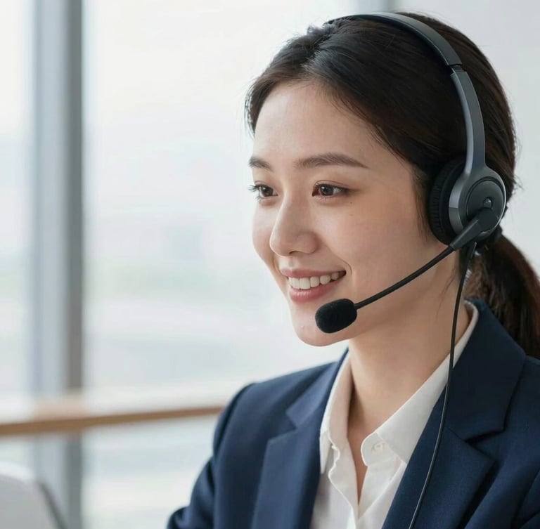 Close-up of a professional woman in a bright office environment, smiling warmly while speaking on a modern headset, soft natural window light, shallow depth of field
