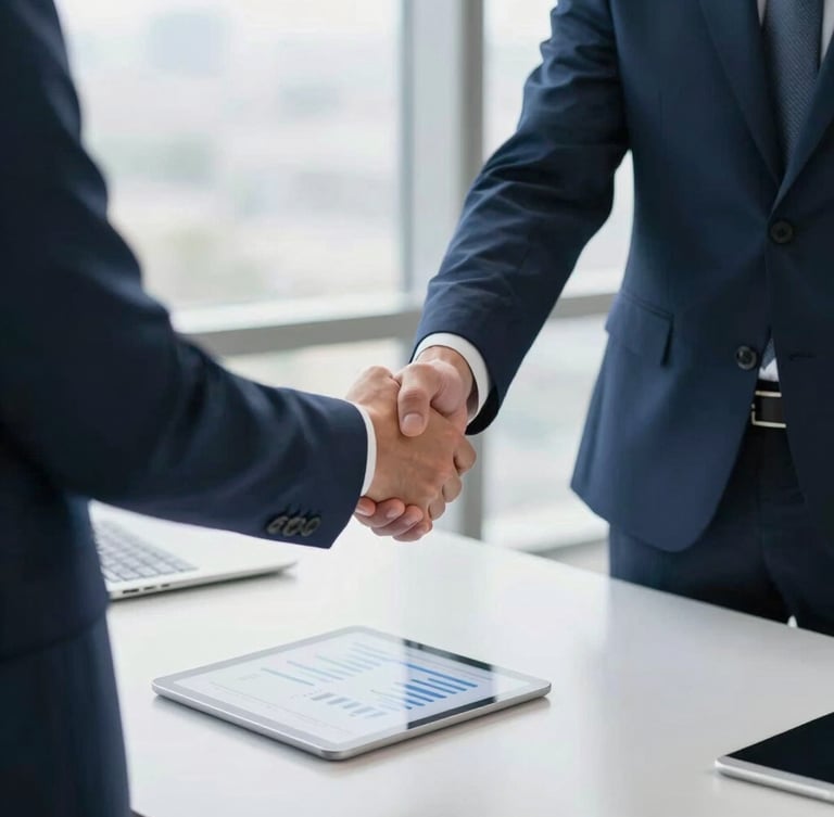 A bright, modern corporate office with soft natural light, where two professionals in business attire shake hands warmly across a clean desk, a tablet showing a simple data chart nearby, 35mm photography