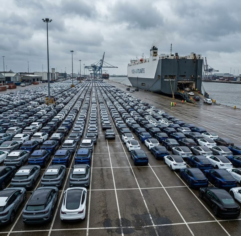Wide-angle industrial port terminal under overcast daylight, rows of new electric vehicles parked in structured grids ready for loading, Ro-Ro vessel docked in background, cool blue and metallic tones.