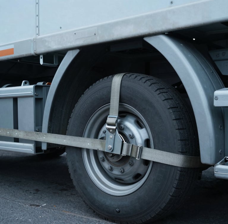Close-up detail shot of heavy-duty transport securing straps on a vehicle wheel inside a cargo vessel, industrial steel textures, sharp focus, cool overcast lighting.