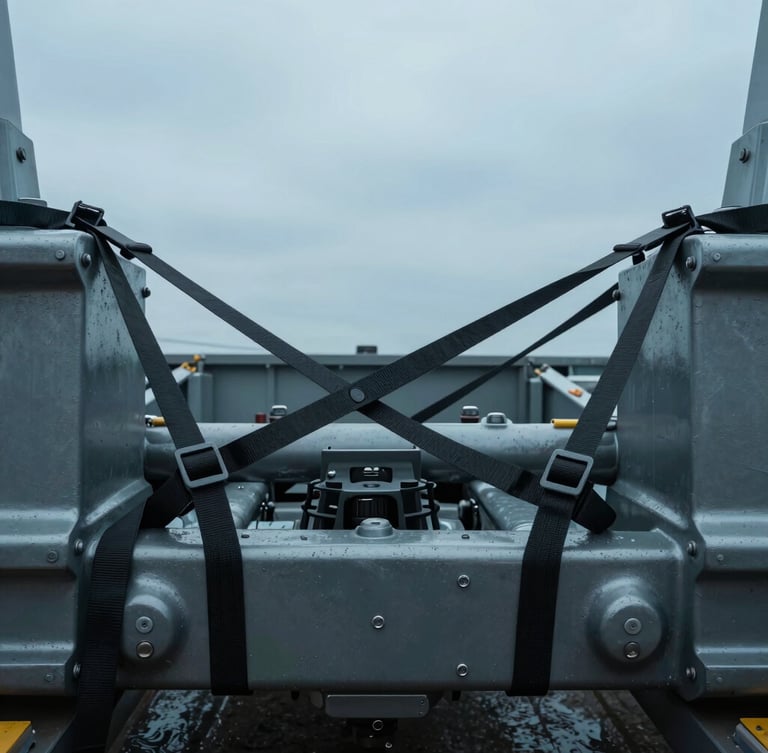 Tight detail shot of heavy-duty transport securing straps anchoring a vehicle chassis inside a cargo ship, industrial metallic textures, cool overcast lighting