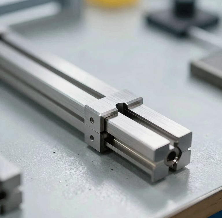 Close-up of high-precision metallic jig on a workbench, sharp focus on calibrated edges, cool metallic tones, bright natural factory light, 35mm lens