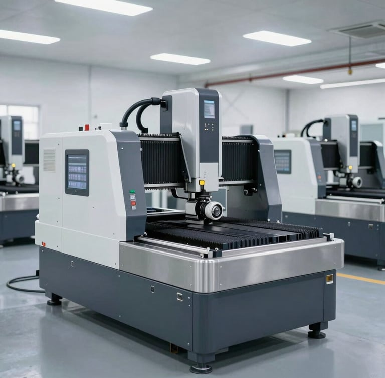 Wide shot of a clean modern factory floor with CNC machines operating, cool metallic tones, bright technical lighting, sharp focus