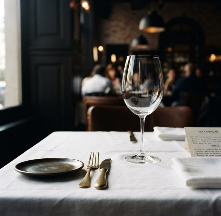 Elegant editorial food photography, dramatic side-lighting. An immaculate table setting in a Buenos Aires restaurant with crisp white linen tablecloth, polished brass cutlery, and a single empty wine glass reflecting soft light, deep charcoal shadows, sharp focus, 35mm.