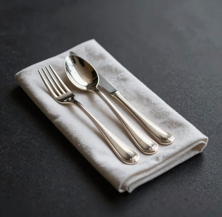 Elegant portrait of a single structured table setting, polished silver cutlery, crisp linen napkin, deep charcoal background, dramatic side-lighting.