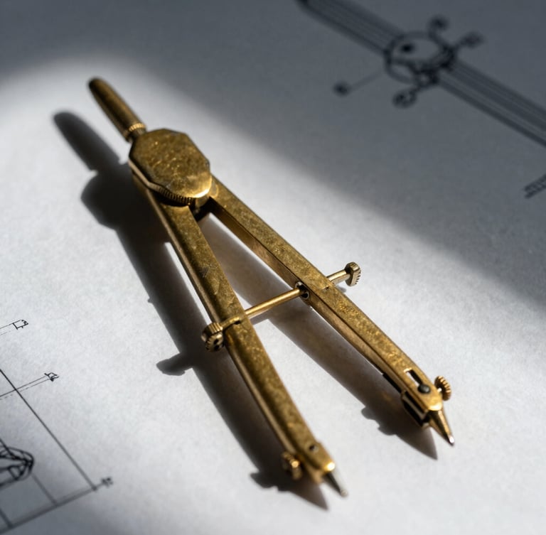 Macro shot of a heavy brass drafting compass resting on thick, textured parchment paper, dramatic side-lighting casting sharp geometric shadows, high-contrast technical blueprint aesthetic.