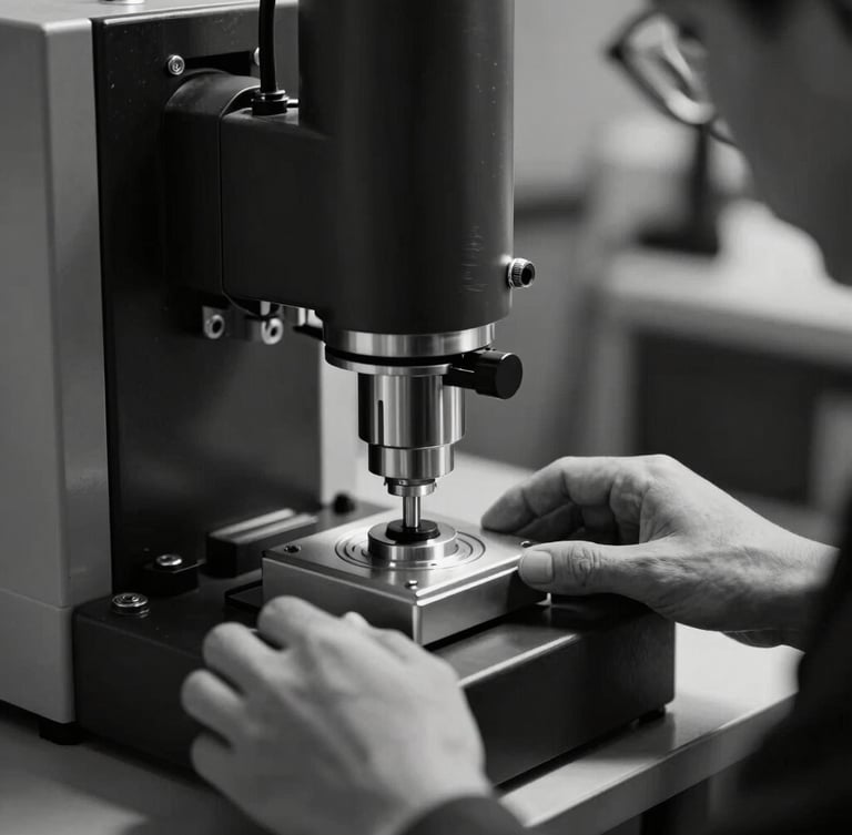 Grayscale professional close-up of technical trade testing, hands operating heavy machinery under dramatic directional studio lighting, deep charcoal tones, sharp focus
