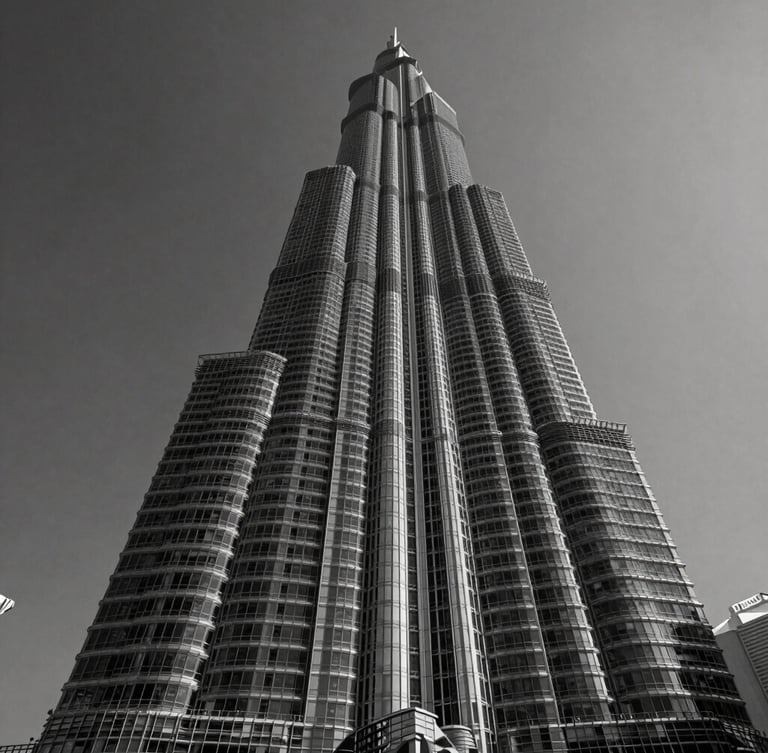 Grayscale low-angle architectural photograph of a towering skyscraper in Business Bay, Dubai, dramatic shadows, sharp focus, premium B2B editorial style