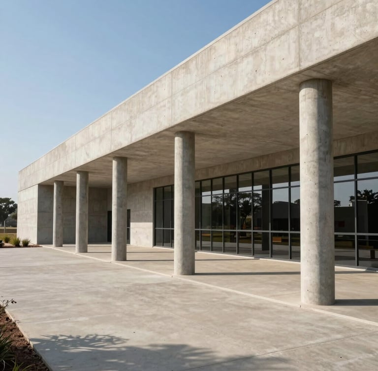 Wide environmental shot of a completed modern public educational facility in Botswana, clean raw concrete lines, structural steel columns, bright natural sunlight casting long shadows