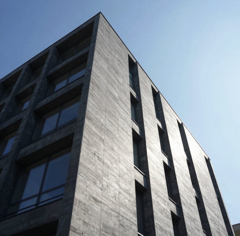 Low-angle sharp architectural photograph of a modern steel and concrete building facade under bright crisp daylight, high-contrast shadows, clean structural lines, slate gray tones