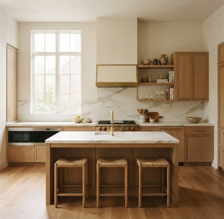 Straight-on architectural photograph of a high-end completed kitchen, warm natural daylight streaming through windows, white oak cabinetry, precise marble joints, neutral tones, 35mm