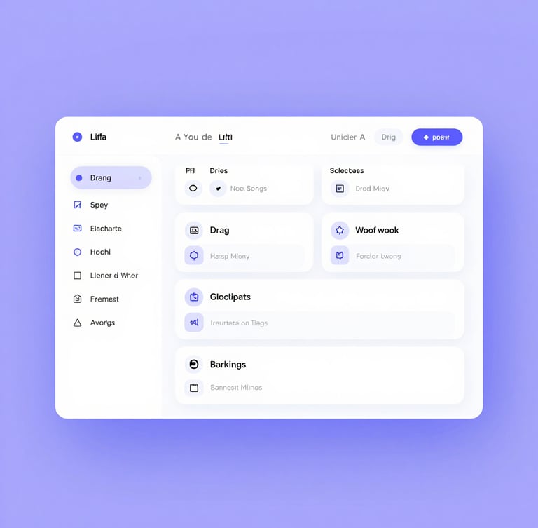 Clean UI mockup of a modern AI website builder interface, showing drag-and-drop elements and a clean layout, soft purple and blue ambient light, minimalist tech aesthetic