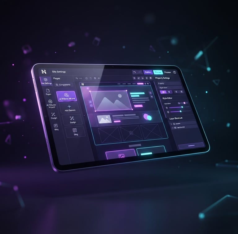 Clean 3d render of Hostinger AI website builder UI dashboard on a floating tablet, glowing purple and cyan neon lights, dark background
