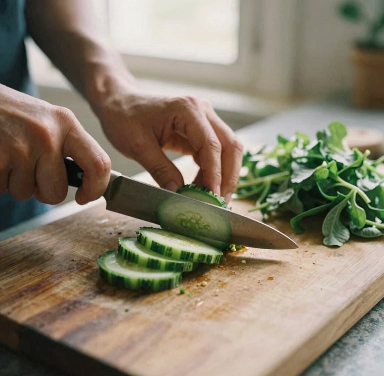 A close-up of hands cutting fresh vegetables on a rustic wooden cutting board, warm natural light pouring from a side window, editorial style, 35mm