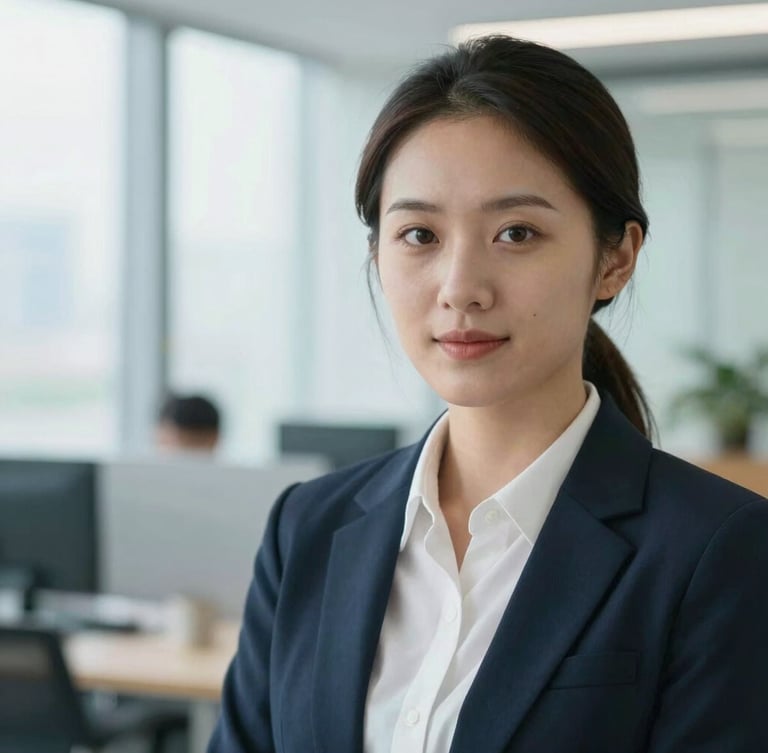 Medium close-up of a confident professional candidate in a bright, modern office, natural daylight, soft blue tones, shallow depth of field.