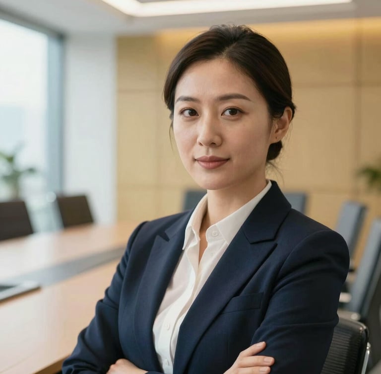 Medium close-up of a confident professional woman in a bright modern boardroom, soft corporate daylight, warm gold and deep navy tones, editorial depth of field.