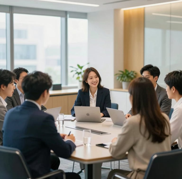 Wide environmental shot of a bright modern conference room with professional candidates in discussion, soft corporate daylight, shallow depth of field