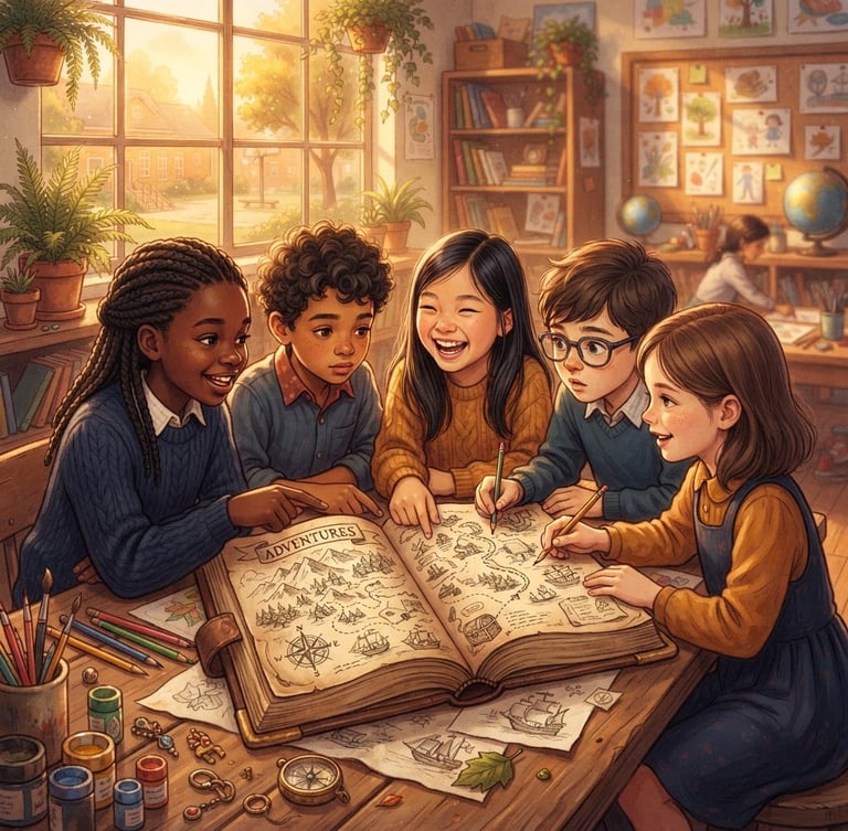 Whimsical illustration of diverse children in a classroom setting, collaboratively looking at an open adventure journal with a stylized map, warm golden-hour light, detailed and premium aesthetic.