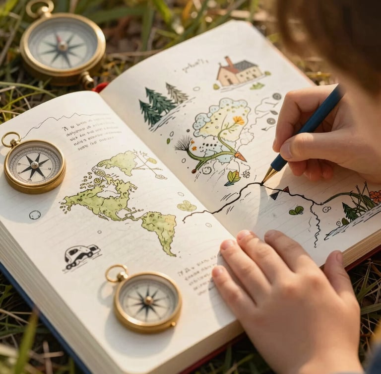 Detailed editorial illustration of an open adventure journal with whimsical hand-drawn maps and compasses, a child's hand gently tracing a path, warm natural light, portrait aspect, close-up framing.