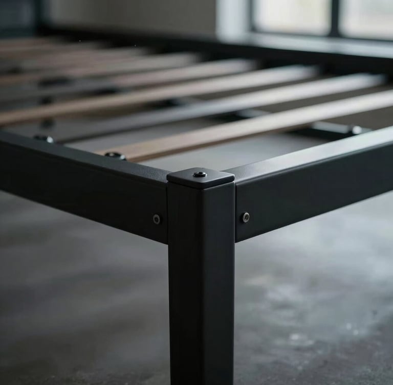 Tight functional close-up of a heavy-gauge steel bed frame joint with a matte black finish, showing robust construction. Subtle cool-toned LED light highlights the edges.