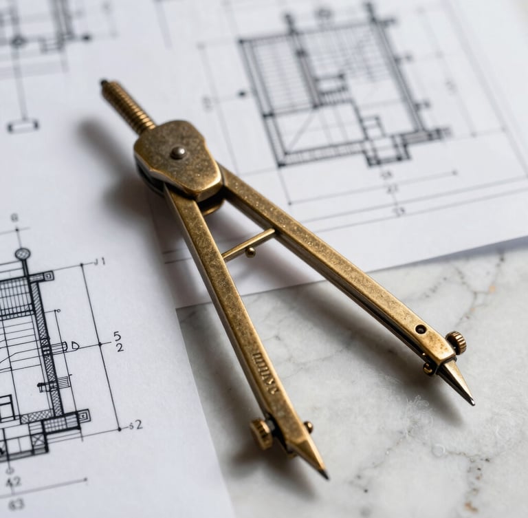 Macro shot of architectural blueprints overlaid with technical calculations, a heavy bronze compass resting on raw marble, sharp linear shadows, high-contrast studio lighting.