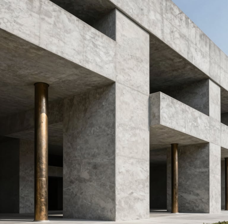 Extreme wide environmental shot of a completed monolithic concrete structure, high-contrast natural light hitting raw premium materials like marble and bronze, sharp architectural shadows, technical precision