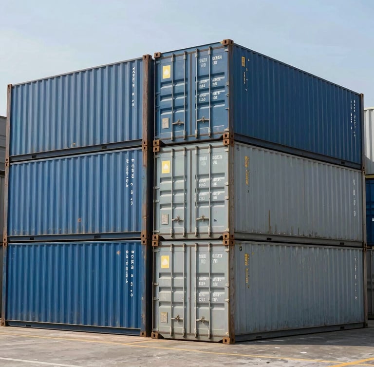 Wide environmental shot of stacked blue and gray shipping containers at Puerto Quetzal, bright natural daylight, crisp composition.