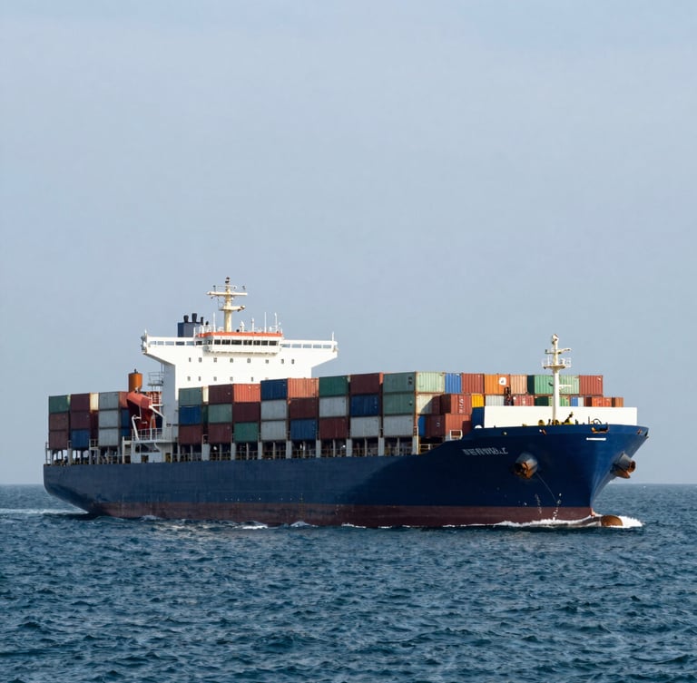Wide environmental shot of a massive container ship navigating open ocean daylight, realistic maritime atmosphere, high-contrast daylight.