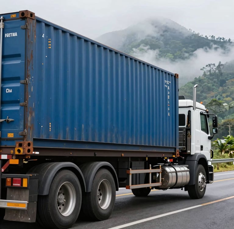 Close-up of a heavy flatbed truck transporting a blue shipping container on a Guatemalan highway, misty mountains in the background, daylight