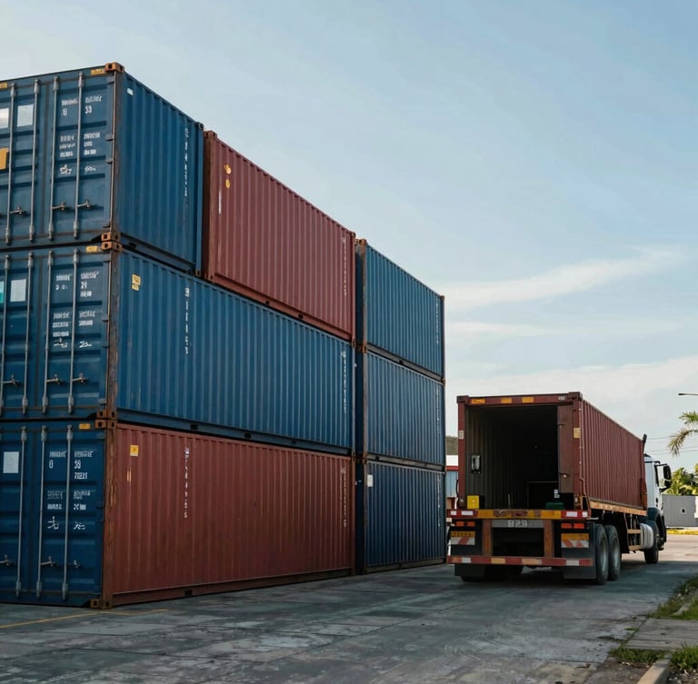 Wide environmental shot of Puerto Quetzal at daylight, stacked blue and red shipping containers, a heavy flatbed truck positioned on the right side, clear sky.
