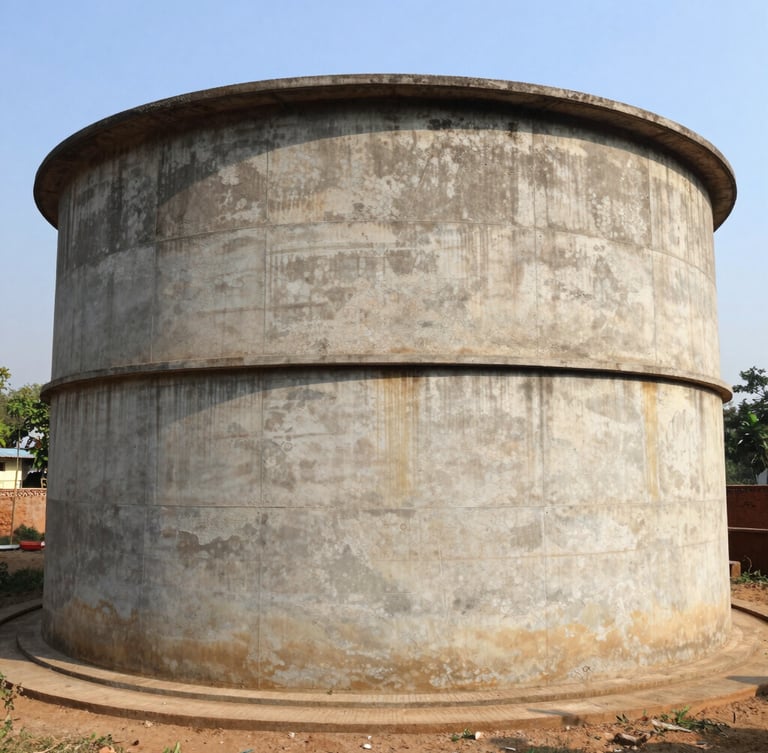 Wide-angle documentary photo of the concrete gravity-fed water storage tank in Chinchpada village, bright natural daylight, rich earthy tones, realistic texture.