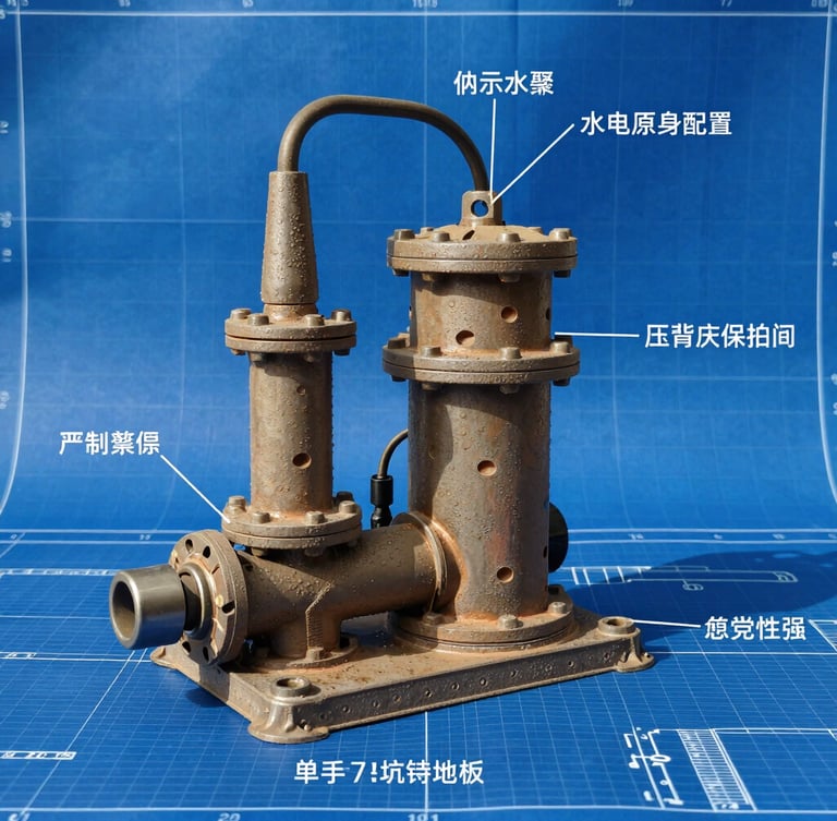 A technical CAD drawing of a solar-powered water pump assembly, detailed annotations, blueprint blue background with white grid lines.
