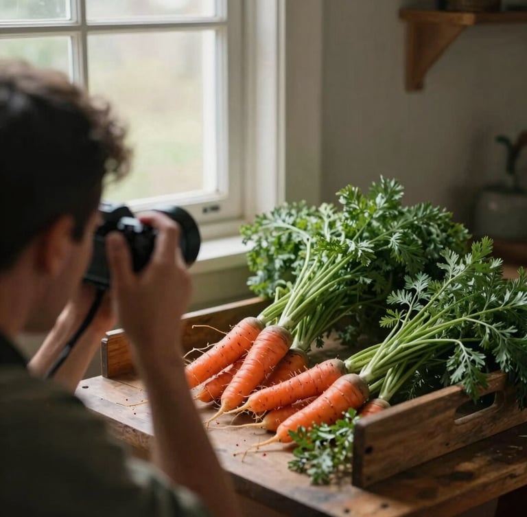 Candid over-the-shoulder shot of a photographer capturing a farmer sorting freshly harvested heirloom carrots in soft morning window light, matte finish.