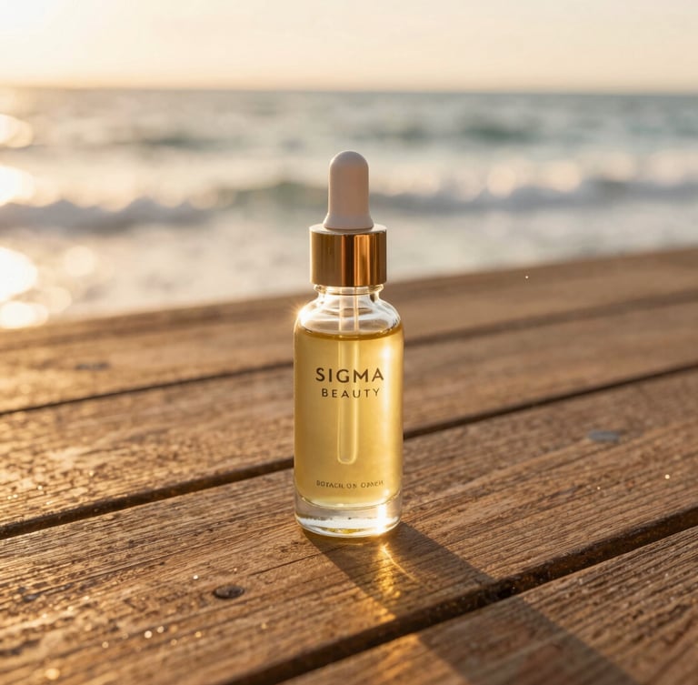 A close-up of a glass bottle of Sigma Beauty botanical oil resting on a sun-bleached teak deck, ocean waves softly blurred in the background, warm golden-hour light.