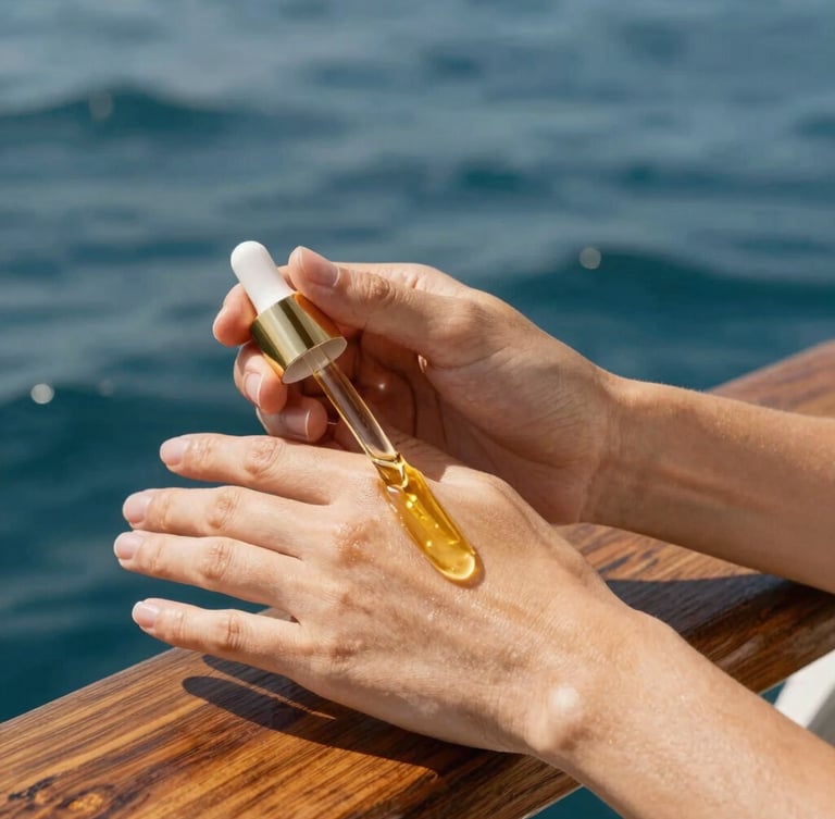 Close-up of hands gently applying a golden botanical oil onto skin, sun-bleached teak wood and sparkling deep blue ocean water in the soft-focus background.