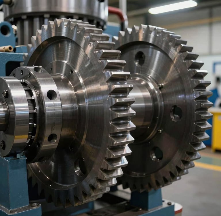 Dramatic close-up of machined steel gears inside a heavy-duty industrial processing unit, high-contrast factory floor lighting, sharp focus on metallic textures