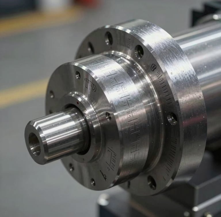 Extreme close-up of a heavy machined steel component with precise calibration marks, industrial floor lighting